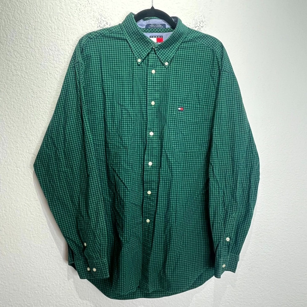 Vintage Tommy Hilfiger Shirt Men XL Green Blue Micro Gingham Pleated Button Down
